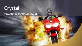  Presentation with fireball - Colorful presentation design enhanced with fireball - hero on motorbike escapes explosion backdrop and a dark gray colored foreground