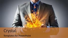  Presentation with fireball - Amazing slide set having fireball - young businessman holding fire flames backdrop and a gold colored foreground