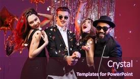  Presentation with purple birthday party - Slide deck enhanced with firecracker - multiethnic group of excited cheerful background and a  colored foreground