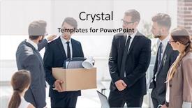  Presentation with saying goodbye - PPT theme with fired employee with personal things background and a light gray colored foreground