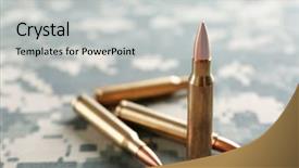  Presentation with weapon - Slide deck having fired weapon cartridge - bullets on camouflage background background and a light gray colored foreground