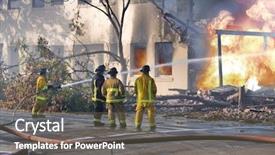  Presentation with building fire - Presentation having firefight helmet - four fire men taking control background and a tawny brown colored foreground