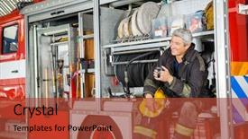  Presentation with fire station - Audience pleasing PPT theme consisting of firefight helmet - happy fireman looking away while backdrop and a red colored foreground