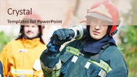  Presentation with firefighter - Amazing PPT theme having firefighter crew in uniform backdrop and a lemonade colored foreground