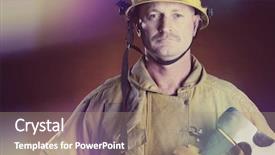  Presentation with firefighter - Amazing slide set having firefighter fireman man holding axe backdrop and a coral colored foreground