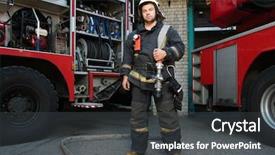  Presentation with firefighter - Presentation design consisting of firefighter near truck with equipment background and a dark gray colored foreground