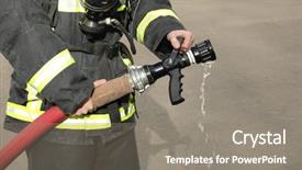  Presentation with fire - Audience pleasing PPT theme consisting of fireman holds and adjust nozzle backdrop and a gray colored foreground