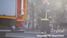  Presentation with fire truck - Colorful PPT layouts enhanced with fireman-in-uniform-in-front backdrop and a gray colored foreground