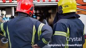  Presentation with fire truck - Colorful theme enhanced with fireman-in-uniform-in-front backdrop and a tawny brown colored foreground
