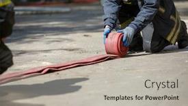  Presentation with fire red - Colorful PPT layouts enhanced with fireman unwinding red fire hose outdoors backdrop and a light gray colored foreground