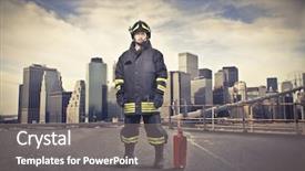  Presentation with fire extinguisher - Amazing slide deck having fireman wearing his uniform backdrop and a gray colored foreground