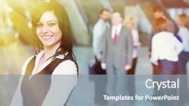 Presentation with team - PPT theme enhanced with firend - young smiling pretty bussinesswoman background and a gray colored foreground