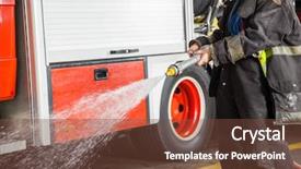  Presentation with fire station - Slide set consisting of firewoman spraying water during training background and a tawny brown colored foreground