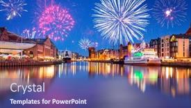  Presentation with birthday fireworks display - Slides having fireworks-display-over-the-old background and a ocean colored foreground