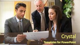  Presentation with people management word cloud - Colorful slide set enhanced with firm - business people at work backdrop and a tawny brown colored foreground