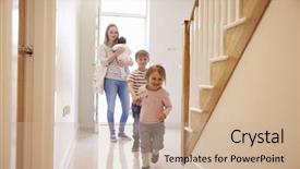  Presentation with women property finances - Presentation design having first - young family looking around property background and a coral colored foreground