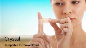  Presentation with first aid - Colorful theme enhanced with first aid bleeding - beautiful woman with plaster backdrop and a coral colored foreground