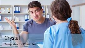  Presentation with first aid - Slide set with first aid bleeding - young man visiting female traumatologist background and a light blue colored foreground