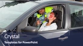  Presentation with car accident - Presentation theme enhanced with first aid bleeding - young woman being resuscitated background and a navy blue colored foreground