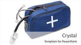  Presentation with first aid kit - Colorful slides enhanced with stethoscope blue - first aid kit isolated backdrop and a white colored foreground