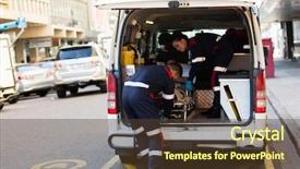  Presentation with ambulance - Audience pleasing PPT layouts consisting of first aider - paramedics offloading patient backdrop and a tawny brown colored foreground
