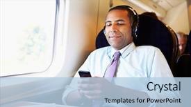  Presentation with first - Amazing PPT theme having first class - businessman relaxing on train listening backdrop and a light blue colored foreground