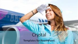  Presentation with airplane - Presentation design consisting of first class - smiling hostess with airplane background and a light blue colored foreground