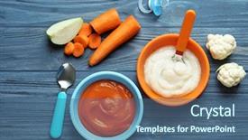  Presentation with baby food - Presentation theme featuring first fruits - bowls with baby food background and a ocean colored foreground