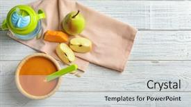  Presentation with baby food - PPT layouts enhanced with first fruits - composition with baby food background and a light gray colored foreground