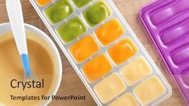 Presentation with baby food - Slide deck having first fruits - container and bowl with baby background and a yellow colored foreground