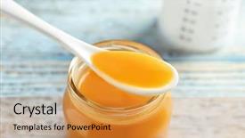  Presentation with baby food jar - Slide deck enhanced with first fruits - jar and spoon with healthy background and a gold colored foreground