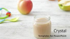  Presentation with baby food jar - Cool new slide deck with first fruits - jar with baby food backdrop and a  colored foreground