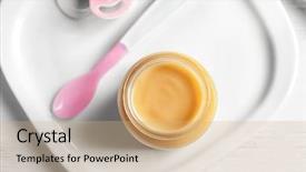  Presentation with baby food jar - Theme having first fruits - jar with healthy baby food background and a coral colored foreground