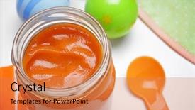  Presentation with baby food jar - Audience pleasing PPT theme consisting of first fruits - jar with tasty baby food backdrop and a coral colored foreground