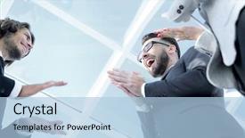  Presentation with meeting - Colorful theme enhanced with first impression - hands of businessman on business backdrop and a light blue colored foreground