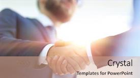  Presentation with good - Audience pleasing PPT theme consisting of first impression - successful business people handshaking backdrop and a coral colored foreground
