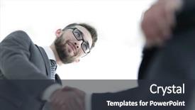  Presentation with good - Audience pleasing theme consisting of first impression - successful business people handshaking backdrop and a tawny brown colored foreground