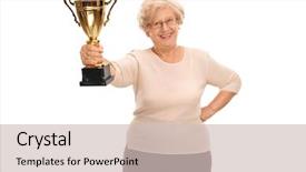  Presentation with golden woman - Slides having first lady - cheerful elderly woman holding background and a soft green colored foreground