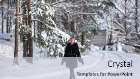  Presentation with snow blizzard in winter - Beautiful presentation theme featuring first lady - young woman portrait at snowy backdrop and a lemonade colored foreground