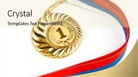  Presentation with medal - Colorful theme enhanced with first place ribbon - golden medal isolated on white backdrop and a soft green colored foreground