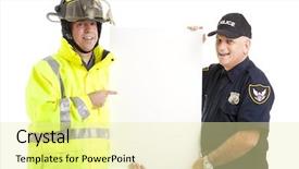  Presentation with first responders - Beautiful PPT theme featuring young charming brunette bride in white wedding dress and handsome groom in black suit rides on horses backdrop and a dark gray colored foreground