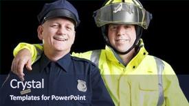  Presentation with fire fighter - Cool new PPT theme with first responders - portrait of happy smiling police backdrop and a navy blue colored foreground