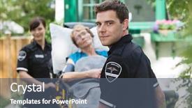  Presentation with first responders - Colorful PPT theme enhanced with first responders - serious ambulance worker with patient backdrop and a gray colored foreground