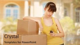  Presentation with moving - Theme enhanced with first time home buyer - woman with box moving background and a  colored foreground