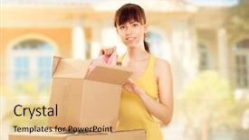  Presentation with moving - Presentation with first time home buyer - woman with box moving background and a  colored foreground
