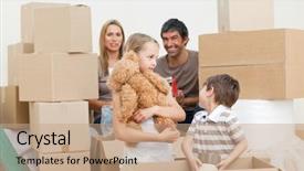  Presentation with first - Cool new PPT theme with first time home buyer - young family unpacking boxes backdrop and a coral colored foreground