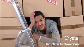  Presentation with moving - Slide deck enhanced with first time home buyer - young man surrounded by boxes background and a  colored foreground