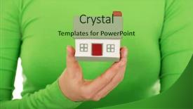  Presentation with house - Slide set with first time home buyer - young woman holding small house background and a seafoam green colored foreground