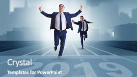  Presentation with 2019 - PPT theme with first tracks - businessman on finishing line background and a teal colored foreground