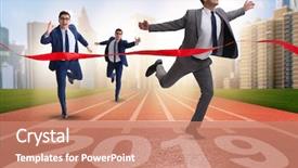  Presentation with racing diversity race ethnicity - Audience pleasing presentation theme consisting of first tracks - businessman on finishing line backdrop and a coral colored foreground